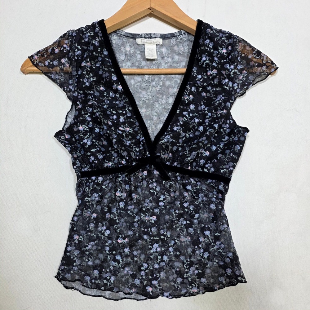 Full Tilt Mesh Top Women S Black Floral Velvet Trim V-Neck Y2K Fairycore Blouse